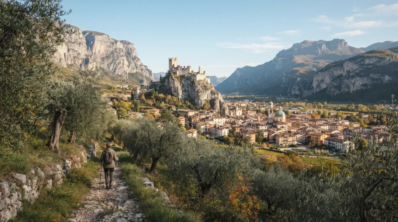Arco castle on its crag above the town in the Sarca valley near Lake Garda, Italy