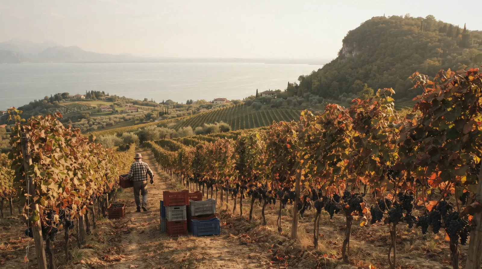 Corvina vines on the moraine hills above Bardolino at harvest time, Lake Garda, Italy