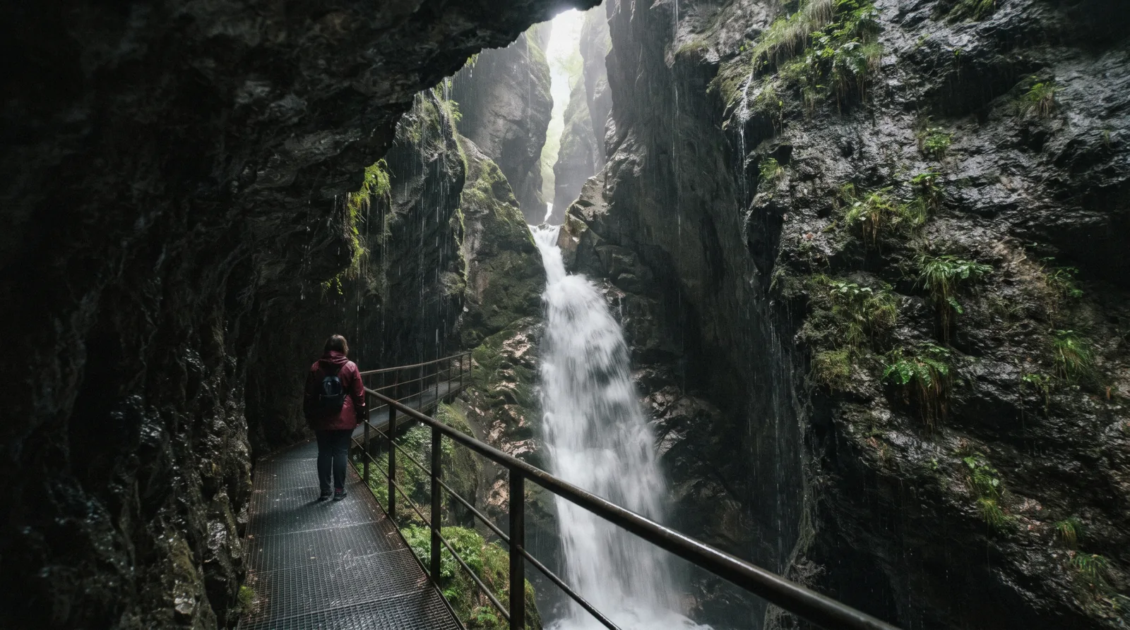 The Varone waterfall falling through its narrow limestone gorge near Riva del Garda, Lake Garda, Italy