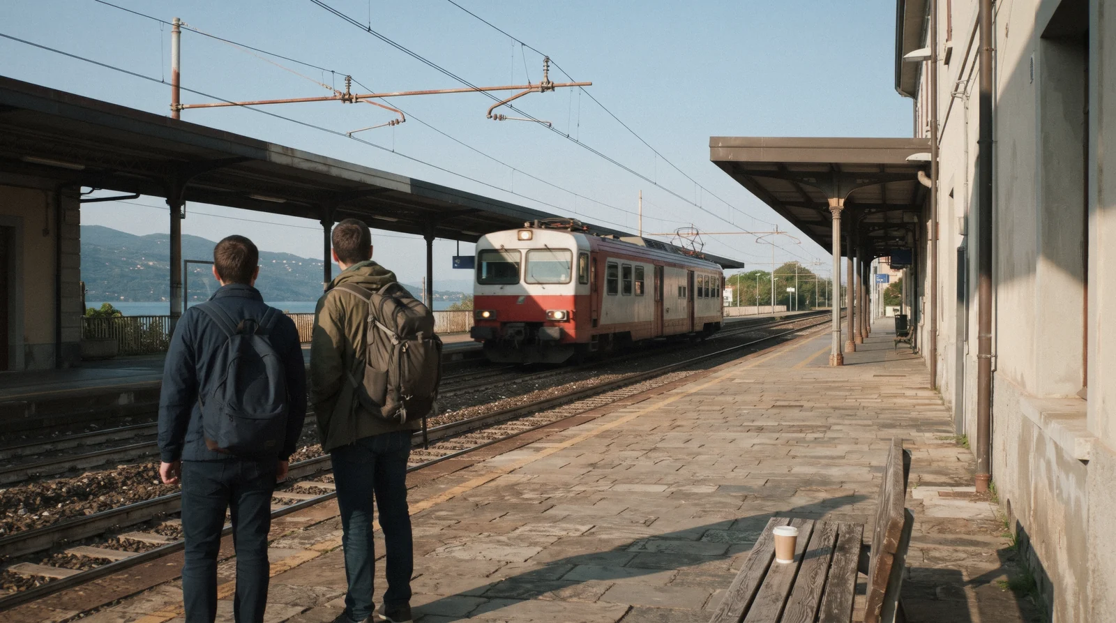 A regional train arriving at Peschiera del Garda station, the start of most day trips from Lake Garda, Italy