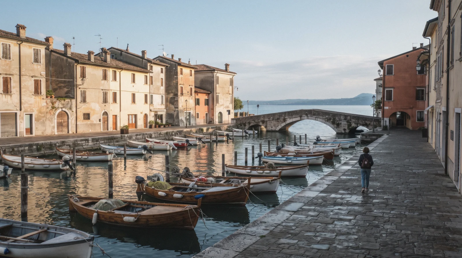 The old port of Desenzano del Garda on Lake Garda, Italy, with boats in the harbour basin