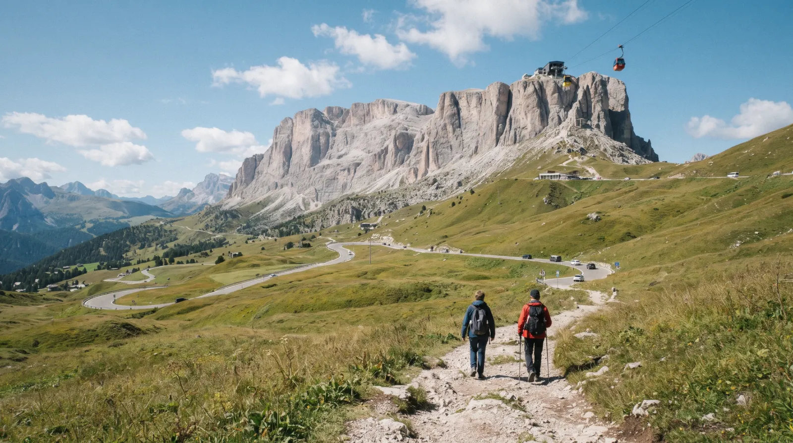 The Pordoi Pass and the Sella group in the Dolomites, a day trip from Lake Garda, Italy
