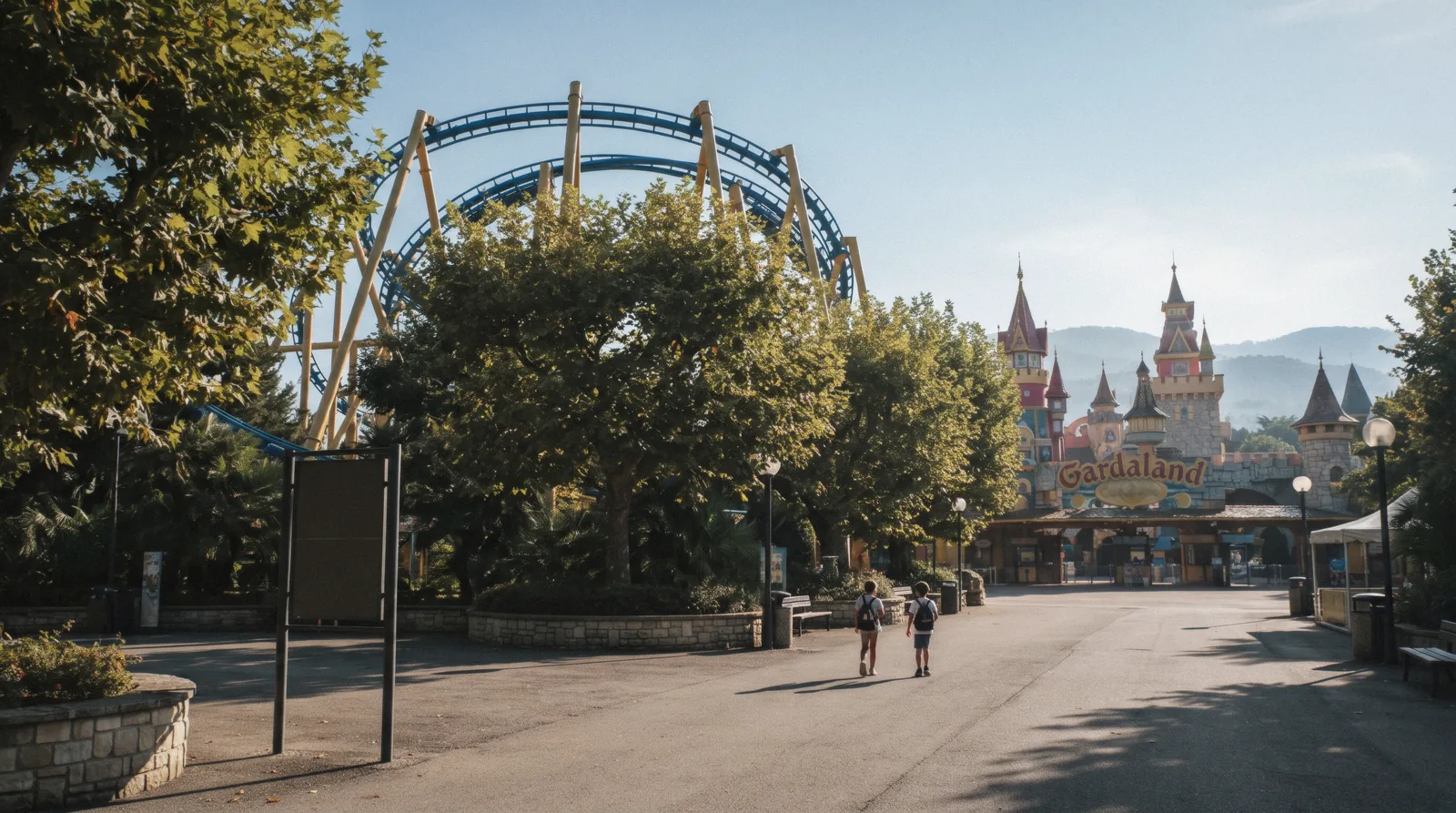 Roller coaster track above the trees at Gardaland Park near Peschiera on Lake Garda, Italy