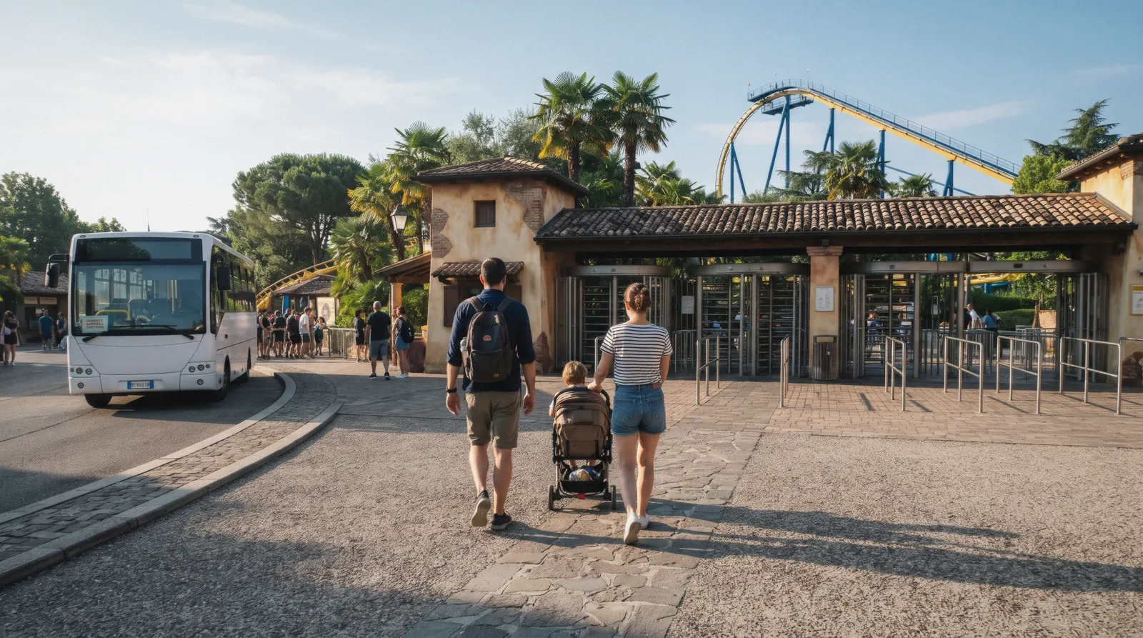 Families walking to the turnstiles of Gardaland Park near Peschiera del Garda on Lake Garda, Italy