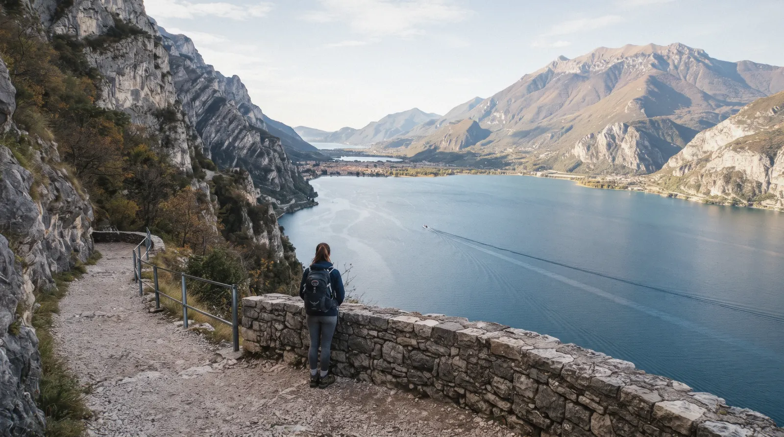 Lake Garda, Italy, running south between limestone cliffs and Monte Baldo, seen from the Ponale path above Riva