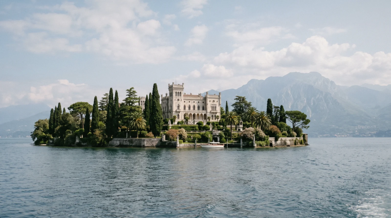Isola del Garda with its neo-Gothic villa above terraced gardens, seen from the water, Lake Garda, Italy