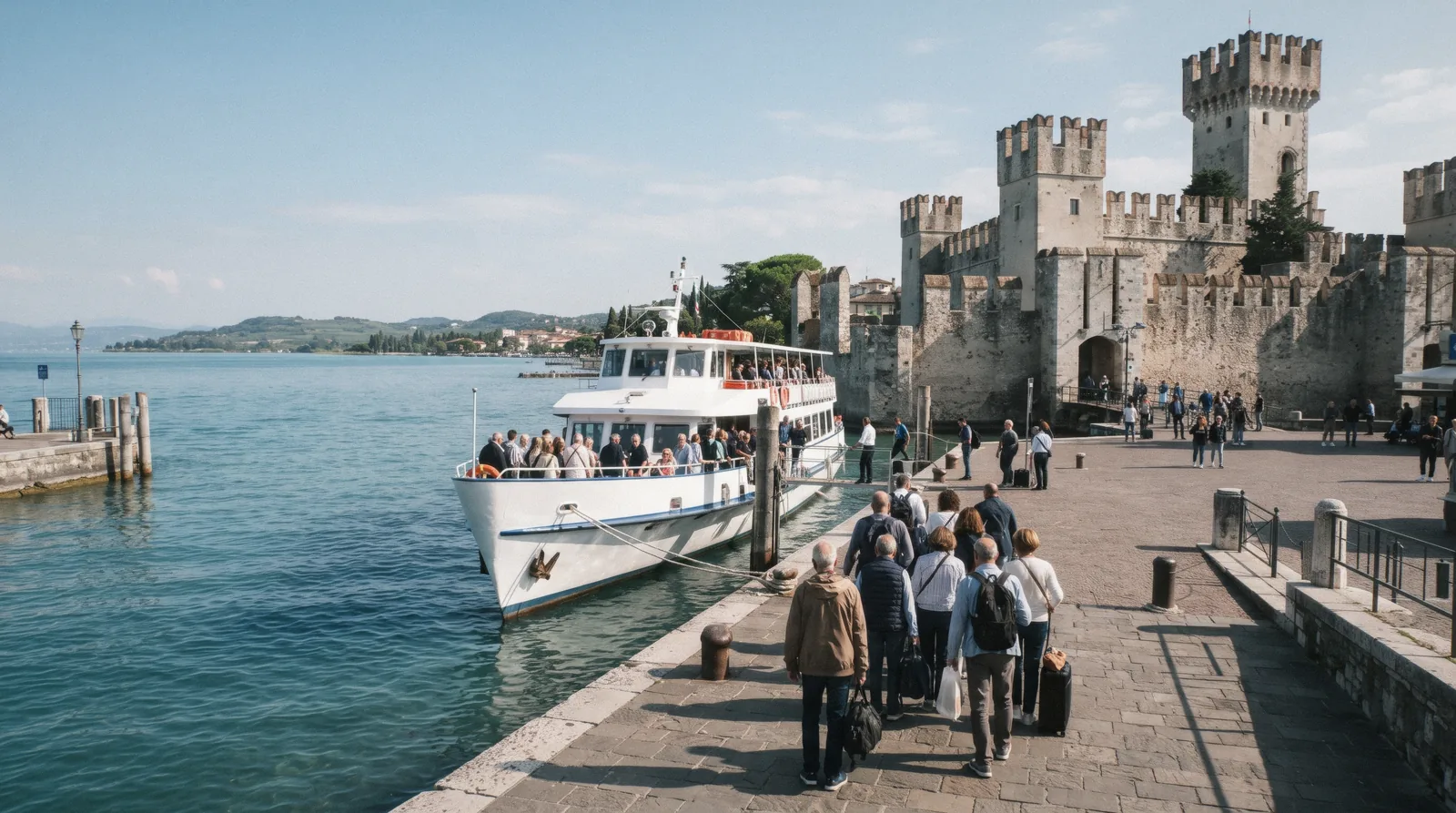 Passengers waiting for a ferry at the Sirmione pier beside the Scaliger castle, Lake Garda, Italy
