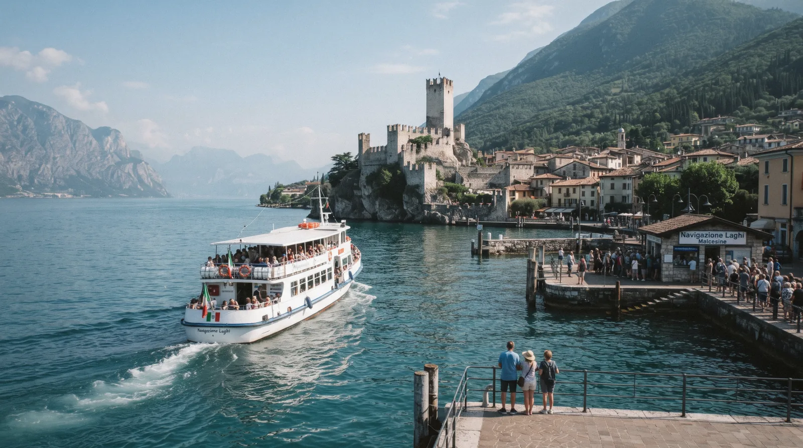 A passenger ferry leaving Malcesine harbour below the castle on Lake Garda, Italy