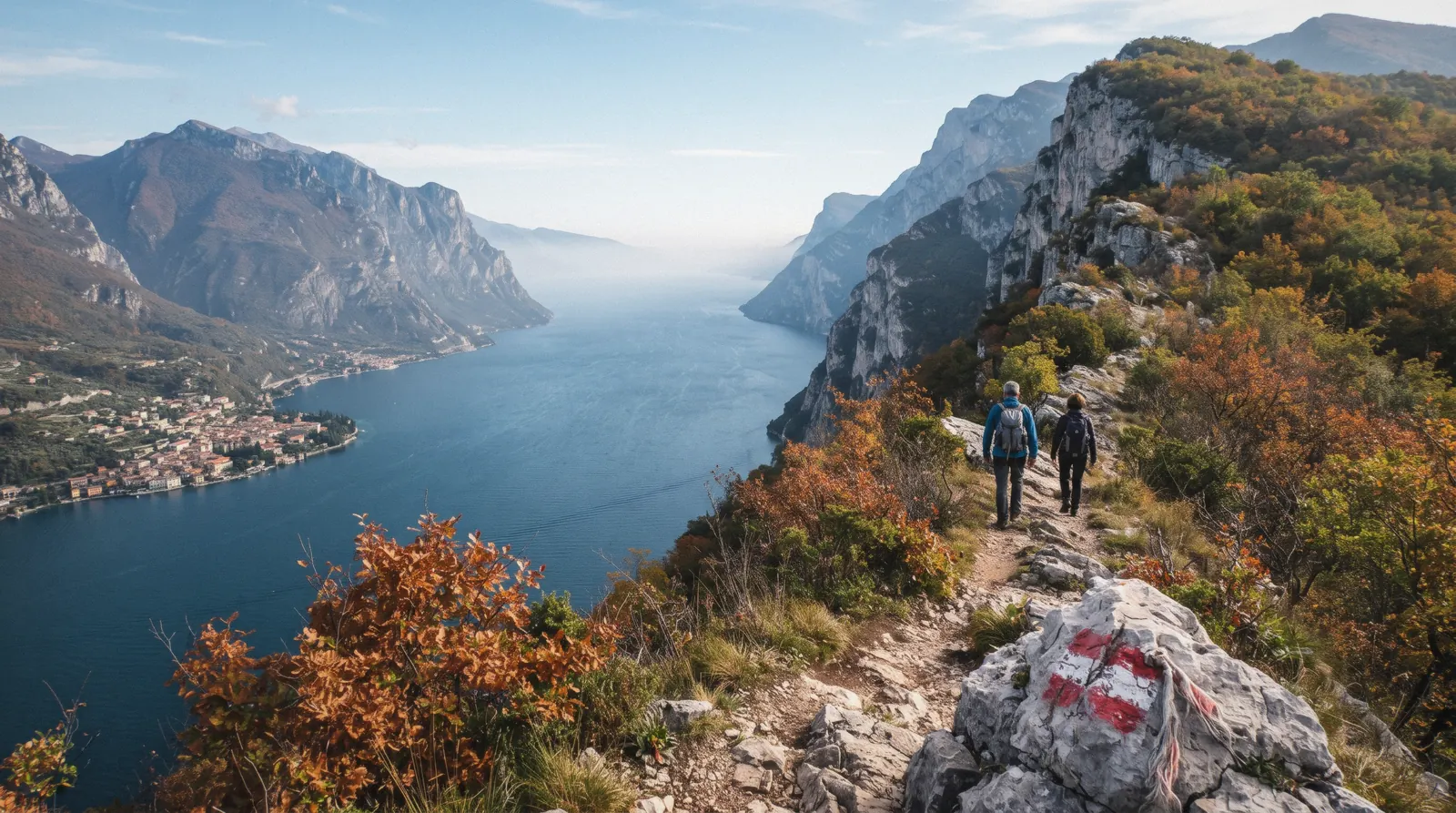 Hikers on the Punta Larici ridge path above the northern tip of Lake Garda, Italy