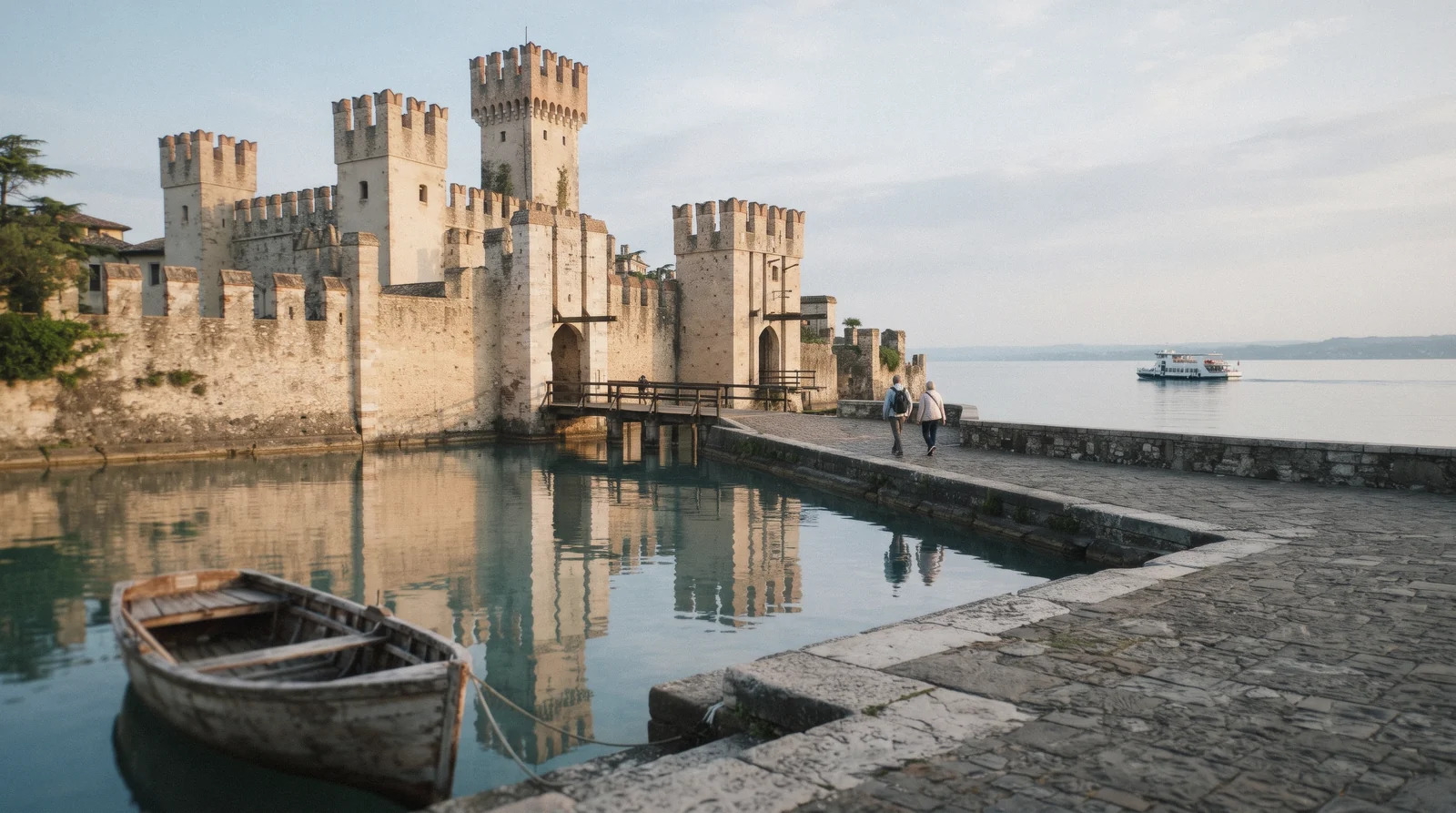 Sirmione castle and its harbour at morning on a Lake Garda in one day plan, Italy