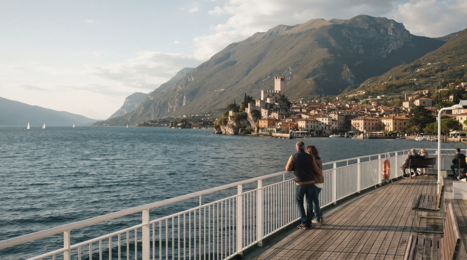 Ferry approaching Malcesine castle on day two of a Lake Garda in 2 days itinerary, Italy