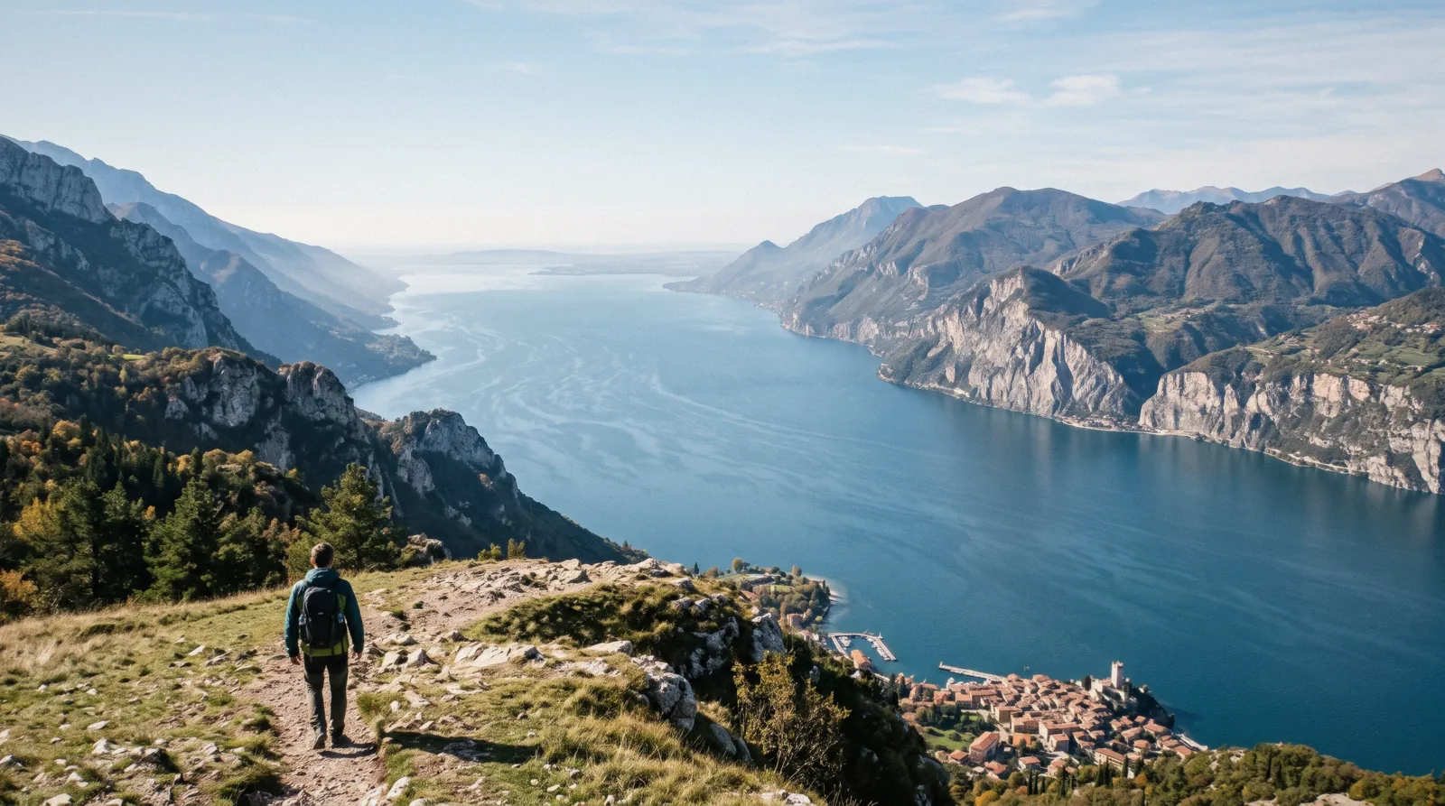 The length of Lake Garda seen from the Monte Baldo top station above Malcesine, the view this Lake Garda map lays flat, Italy