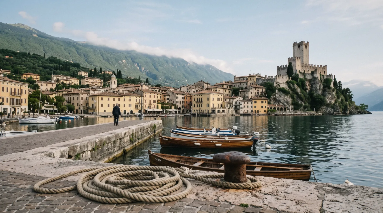 Malcesine old town and castle on the east shore under Monte Baldo, one of the Lake Garda towns, Italy