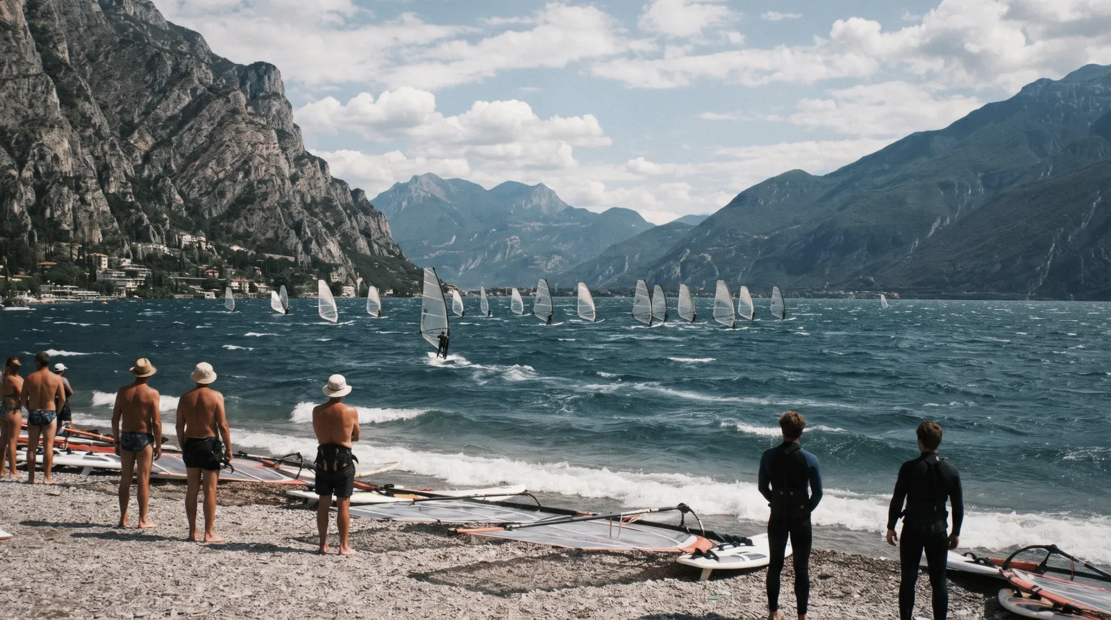 Windsurfers on Lake Garda off Torbole, Italy, on a windy afternoon