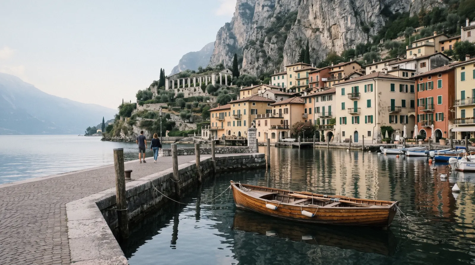 Limone sul Garda on Lake Garda, Italy, its old harbour and stone houses under the limestone cliffs