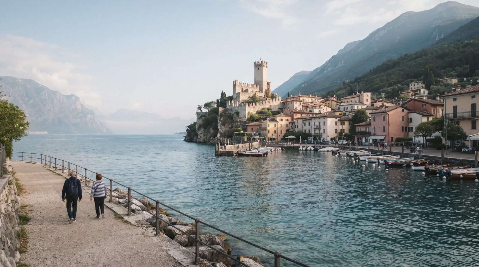 Malcesine castle tower above the harbour on the east shore of Lake Garda, Italy, with Monte Baldo behind