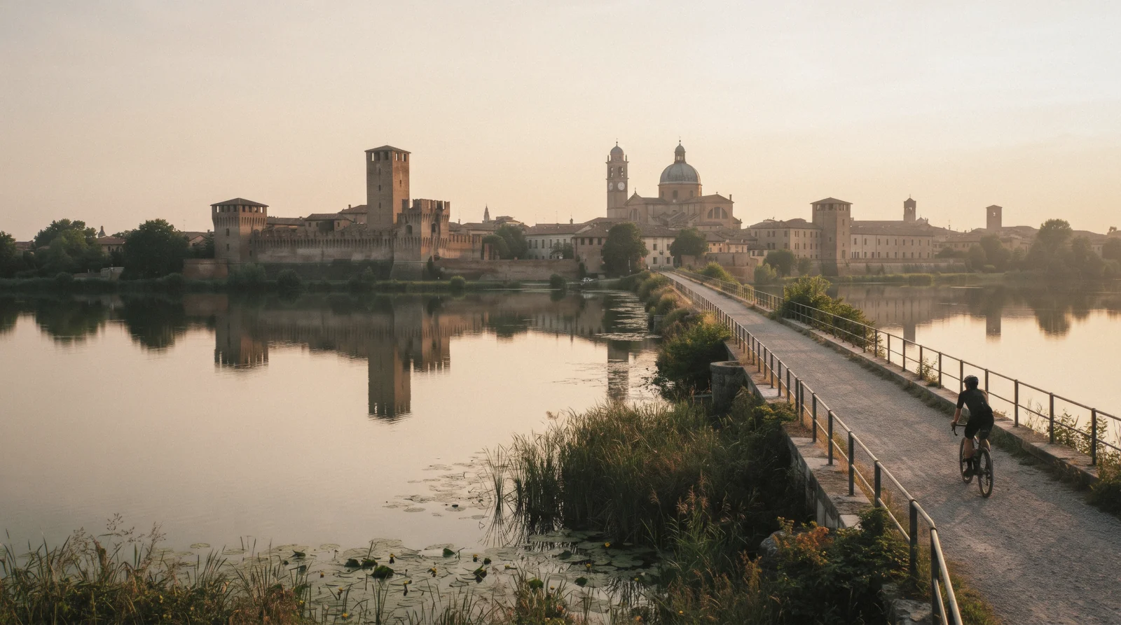 The Castle of St George reflected in Lago di Mezzo at Mantua, a day trip from Lake Garda, Italy