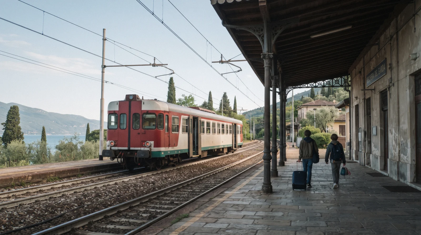 A regional train at a lakeside station on the line from Milan to Lake Garda, Italy