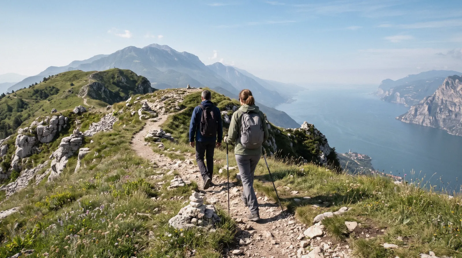 The Monte Baldo ridge above Malcesine with Lake Garda below on a clear morning, Italy