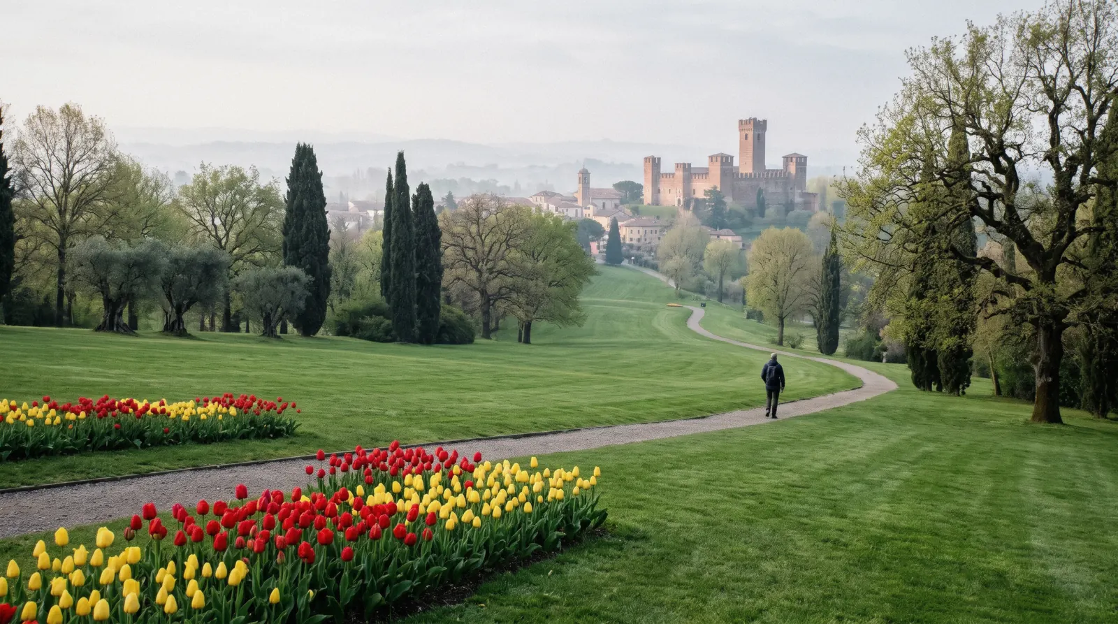 Tulip beds and lawns at Parco Giardino Sigurtà in Valeggio sul Mincio near Lake Garda, Italy