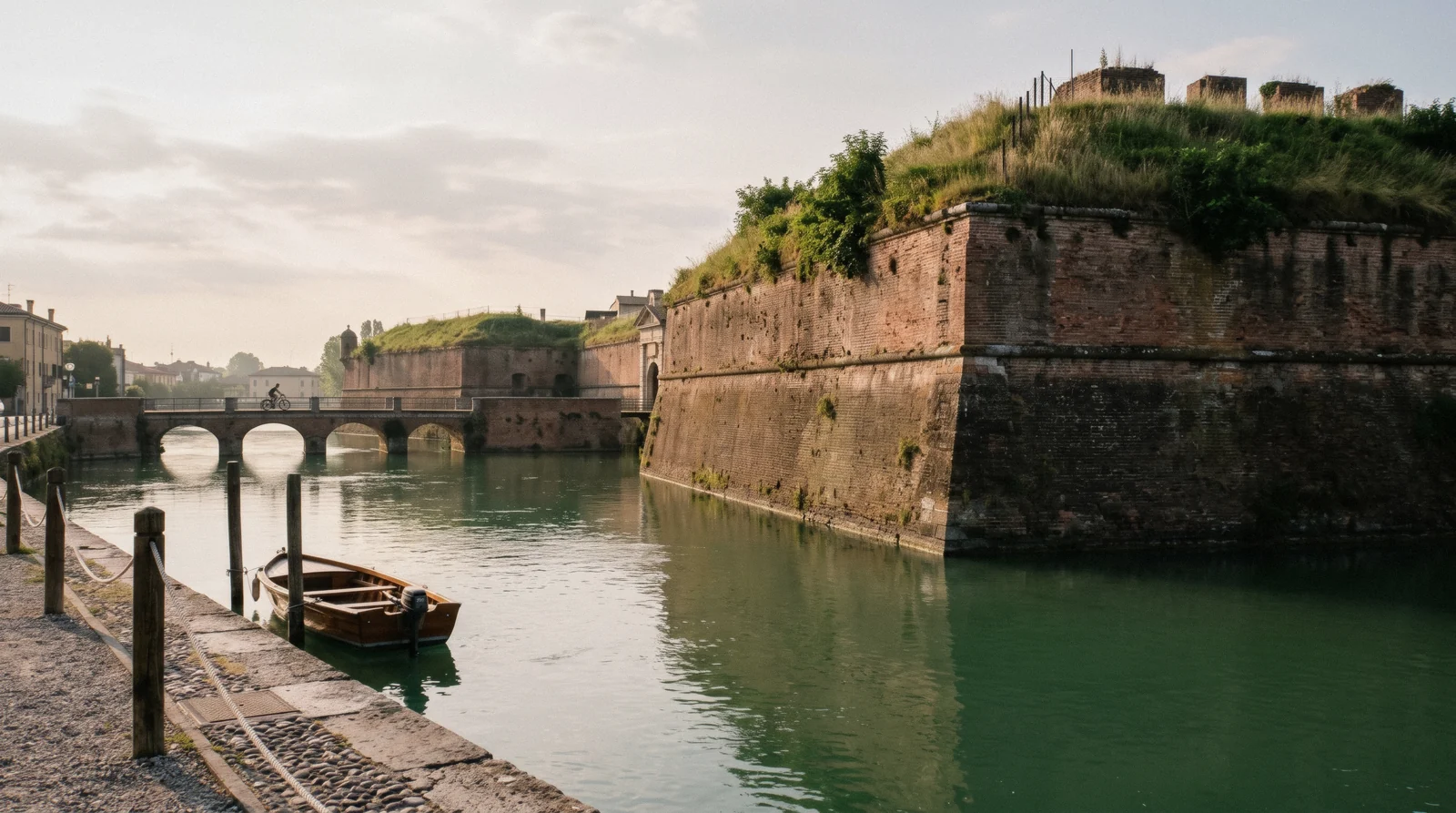 The Venetian bastion walls of Peschiera del Garda rising from the Mincio canal on Lake Garda, Italy