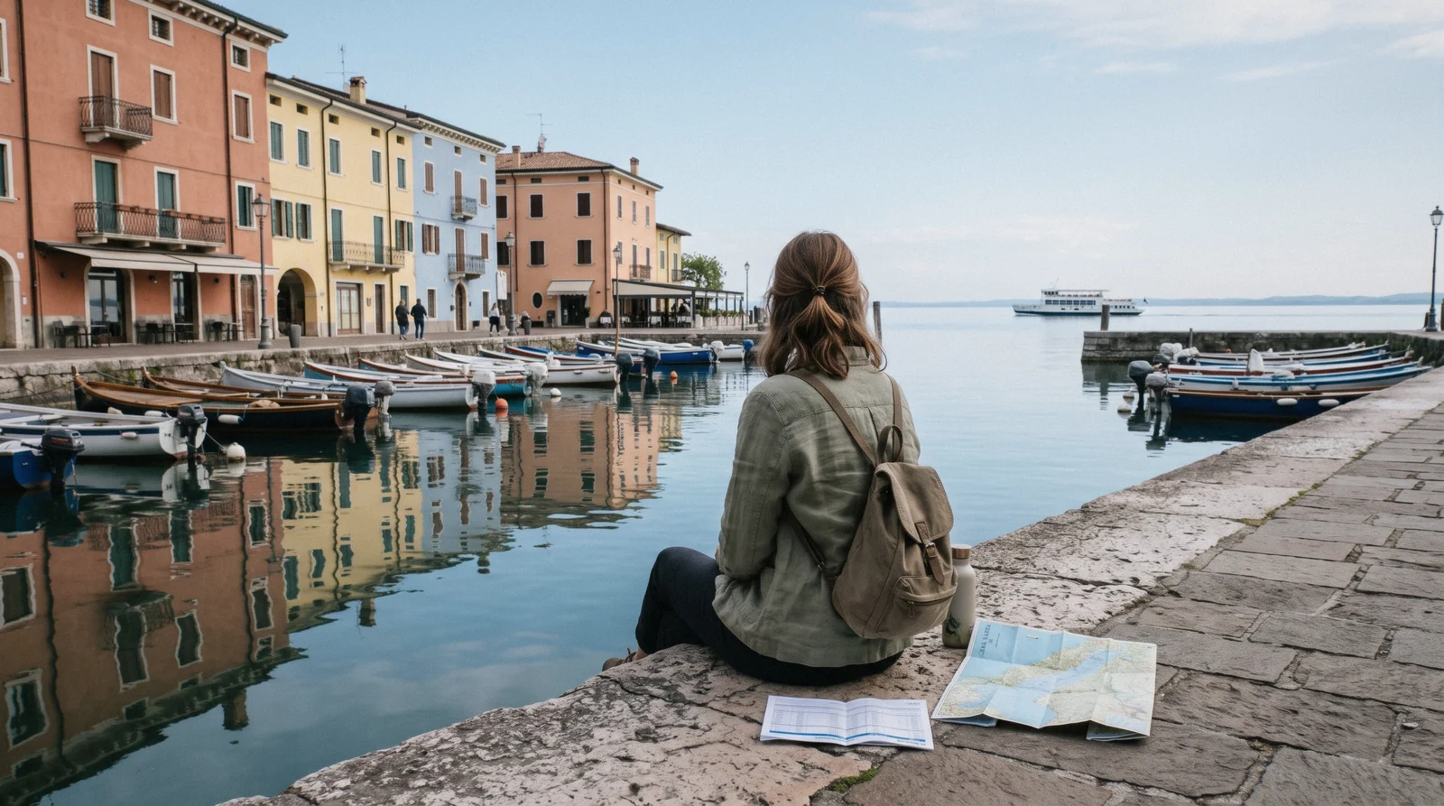 A traveller with a ferry timetable at the old harbour of Desenzano del Garda, planning a trip to Lake Garda, Italy