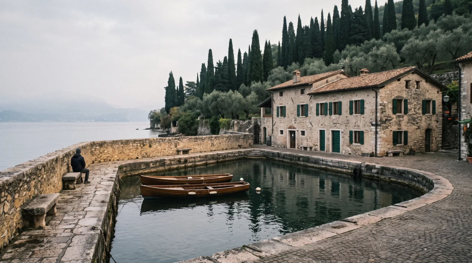 The small harbour of Punta San Vigilio under cypresses and olive trees on Lake Garda, Italy