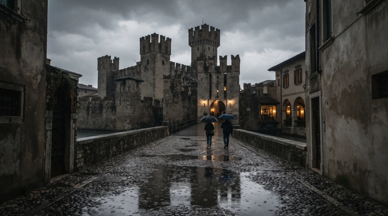 Wet cobbles and umbrellas at the gate of Sirmione's Scaliger castle on a rainy afternoon, Lake Garda, Italy