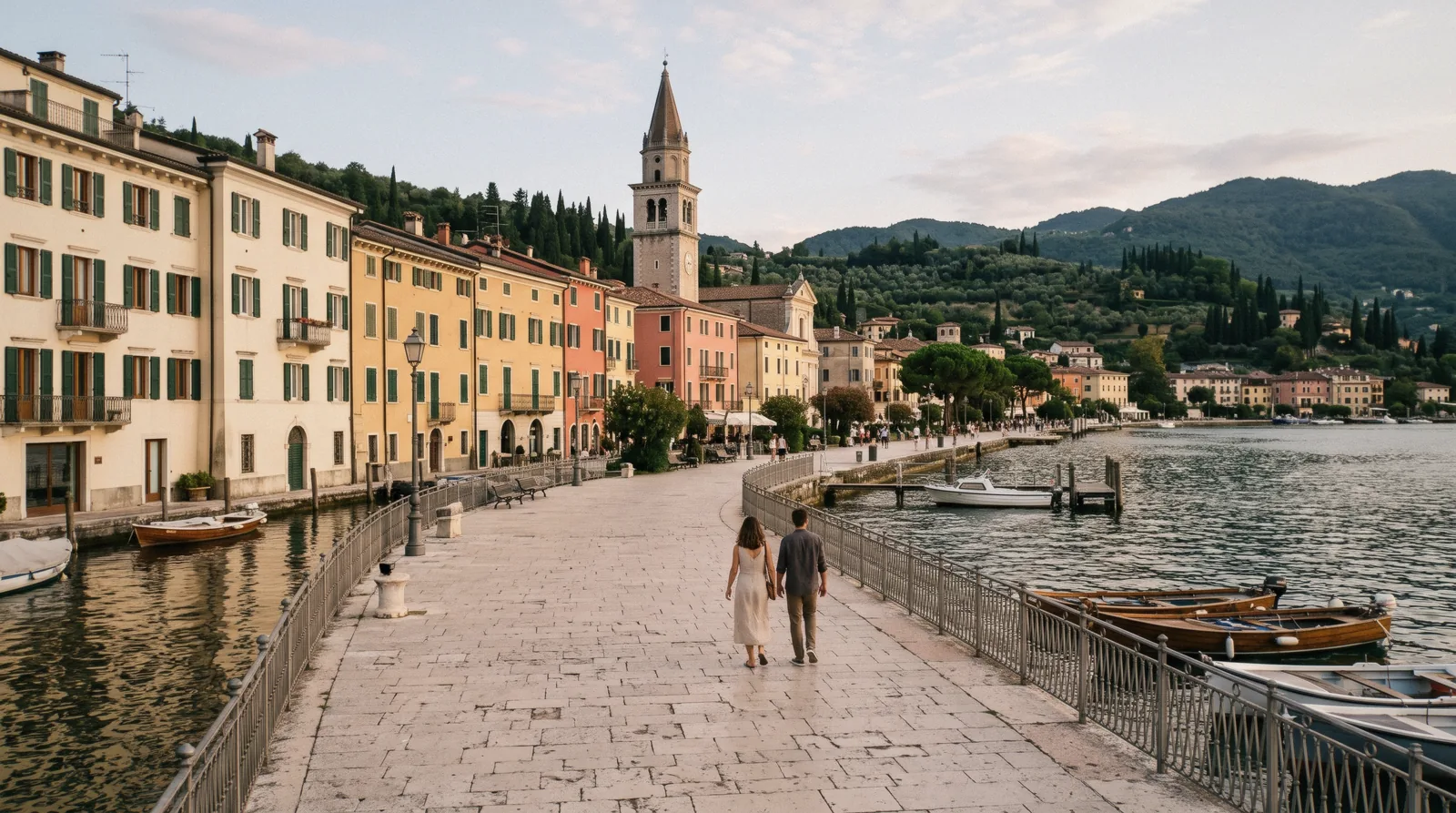 Salò, Italy, on Lake Garda, the long lakeside promenade and the town front under the hills
