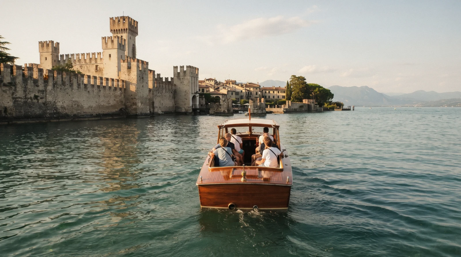 A small motorboat cruising past the walls of the Scaligero Castle on a Sirmione boat trip, Lake Garda, Italy