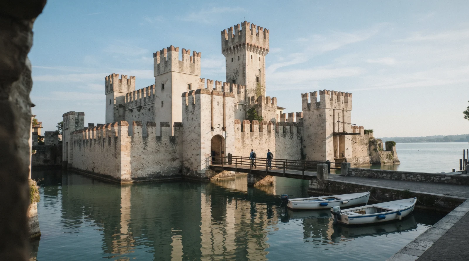 The Scaligero Castle of Sirmione with its towers above the moat, Lake Garda, Italy