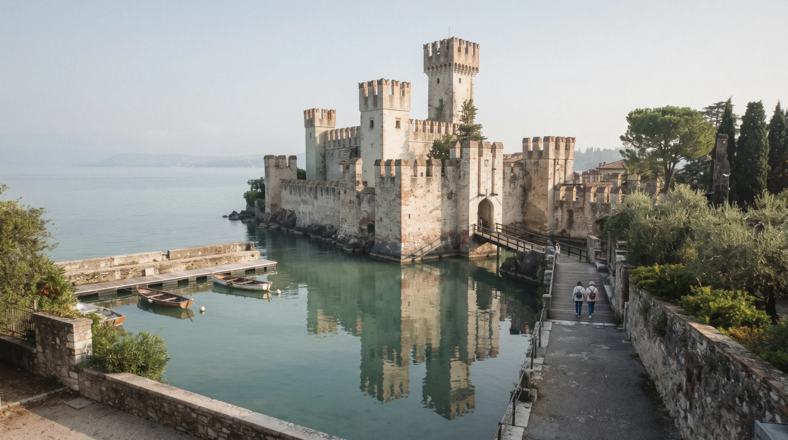 The Scaligero Castle and its harbour at the gate of Sirmione, Italy, on Lake Garda