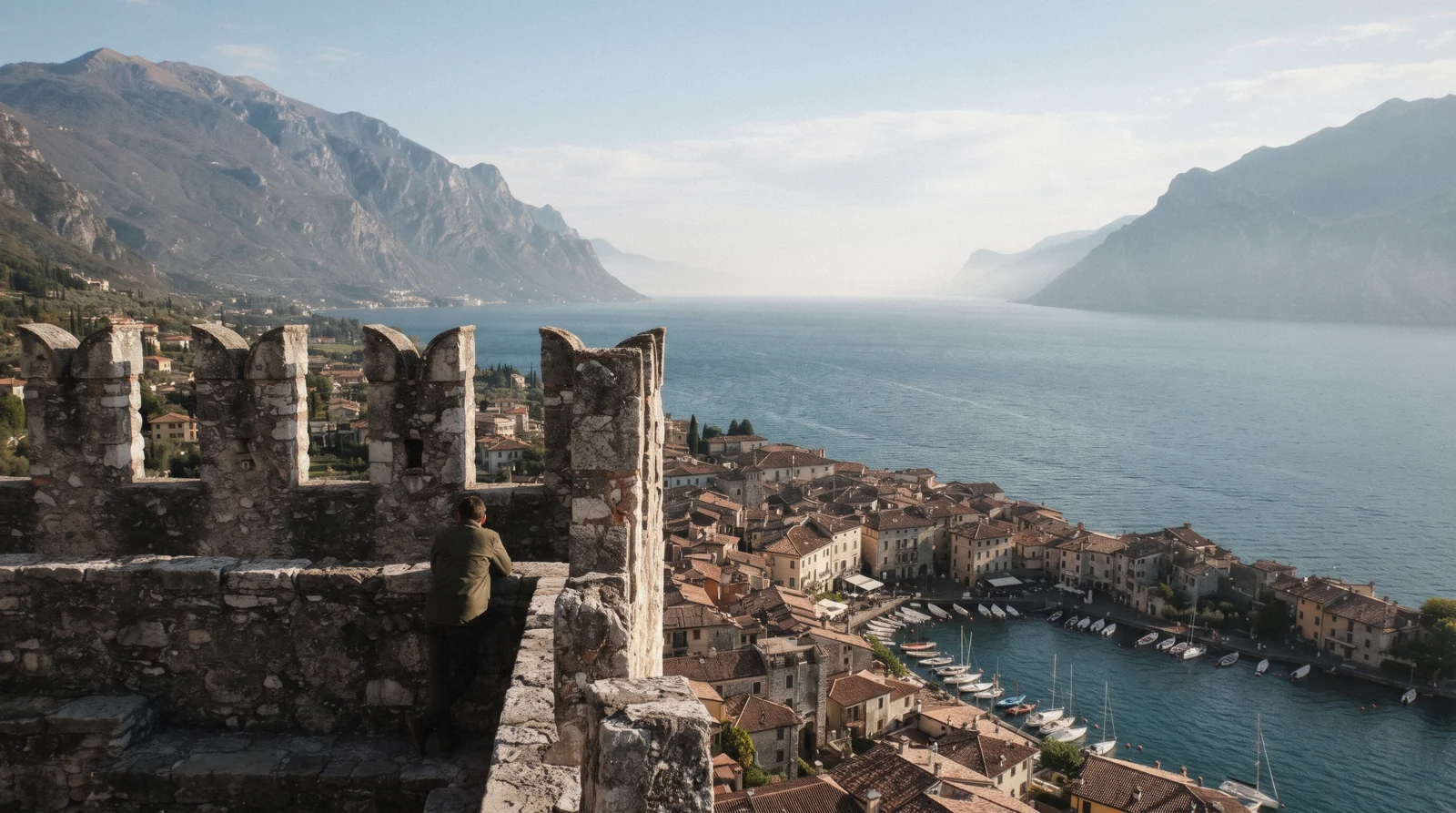 Malcesine village and harbour below the castle tower on Lake Garda, Italy, one of the two towns compared