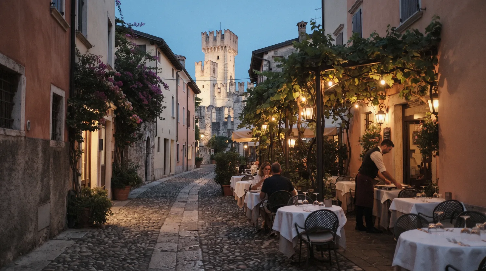 Trattoria tables in a cobbled lane of Sirmione old town at evening, restaurants in Sirmione, Lake Garda, Italy