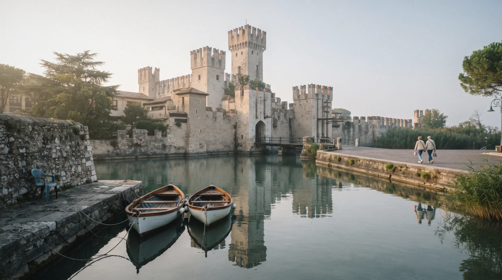 Sirmione castle walls and the moat harbour at morning light, one of the things to do in Lake Garda, Italy