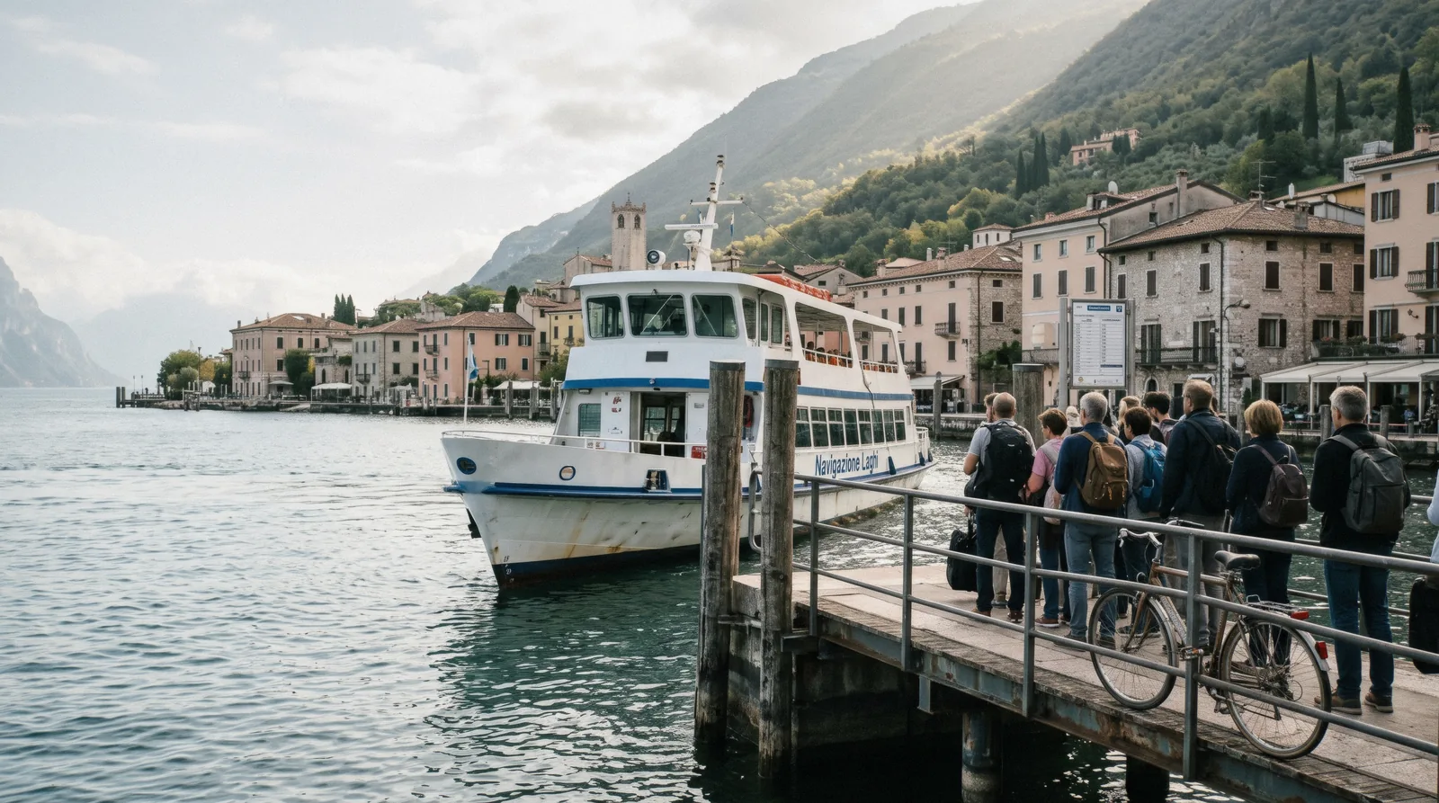 A passenger ferry docking at the Malcesine pier with travellers waiting, Lake Garda tickets in hand, Italy