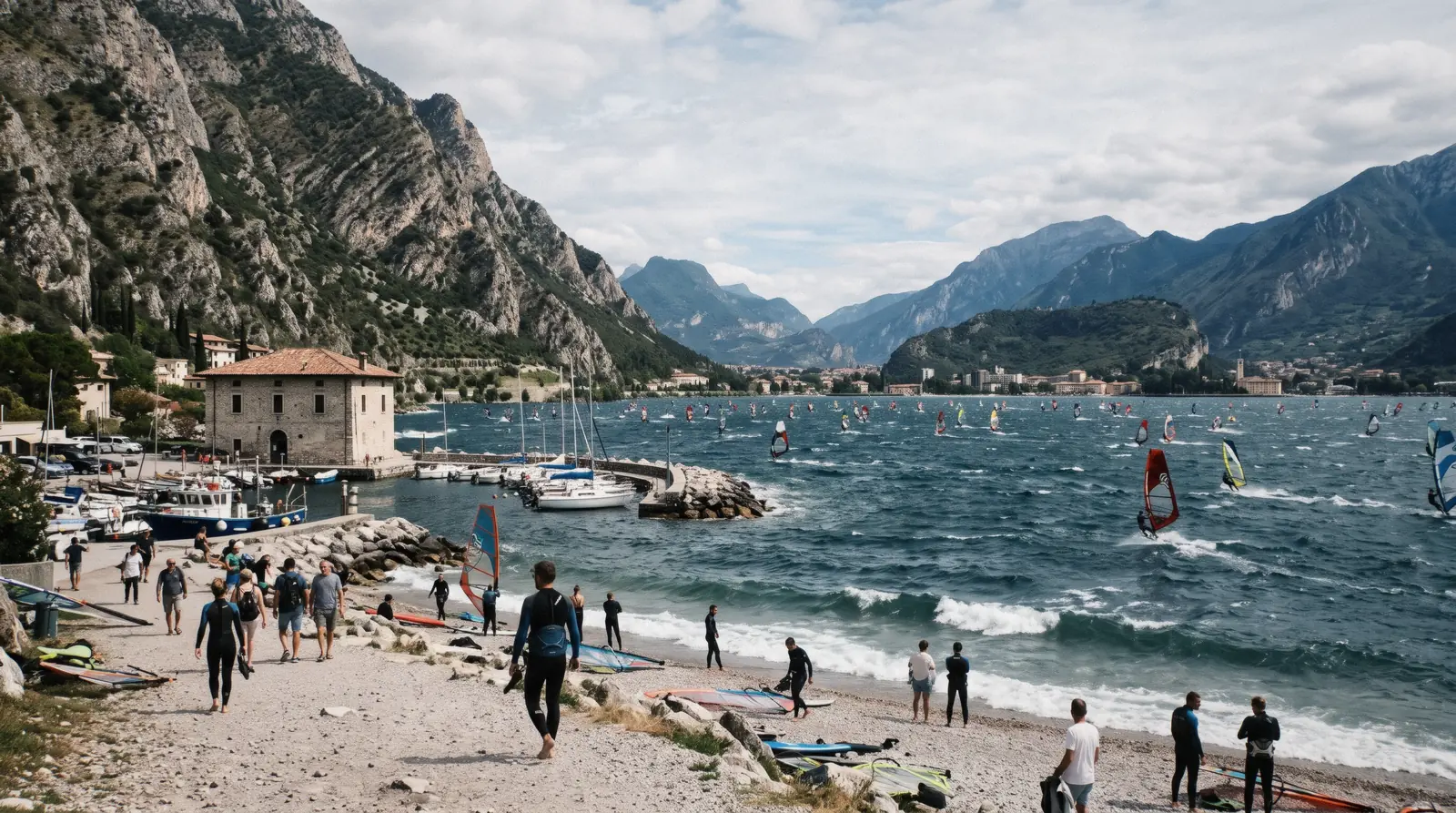 Windsurf sails off Torbole at the north end of Lake Garda, Italy, under the rock of Monte Baldo