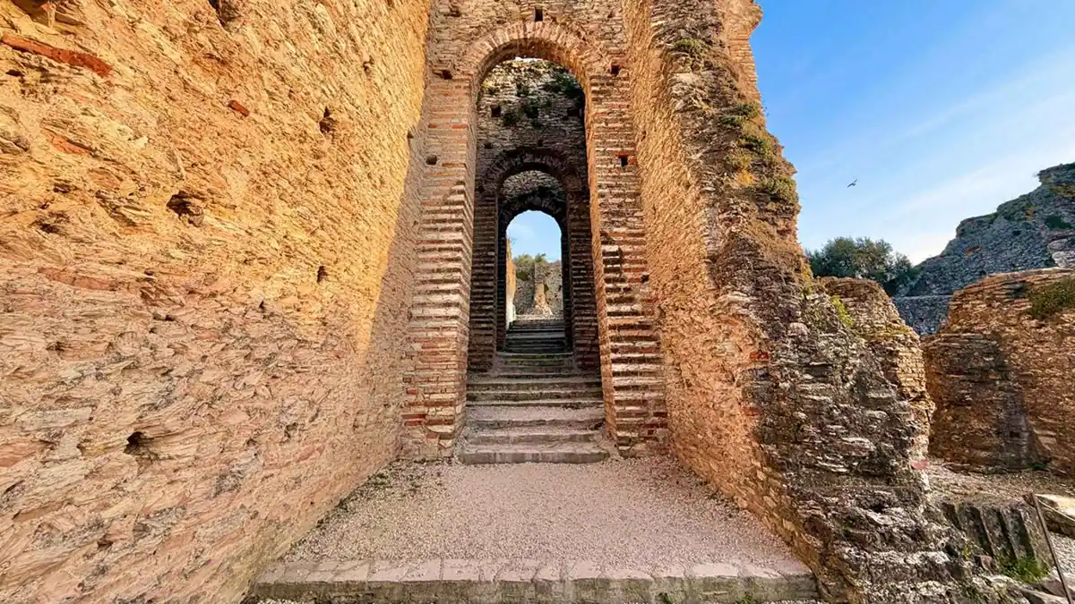 Roman ruins and olive trees at the Grotte di Catullo on the Sirmione peninsula, Lake Garda