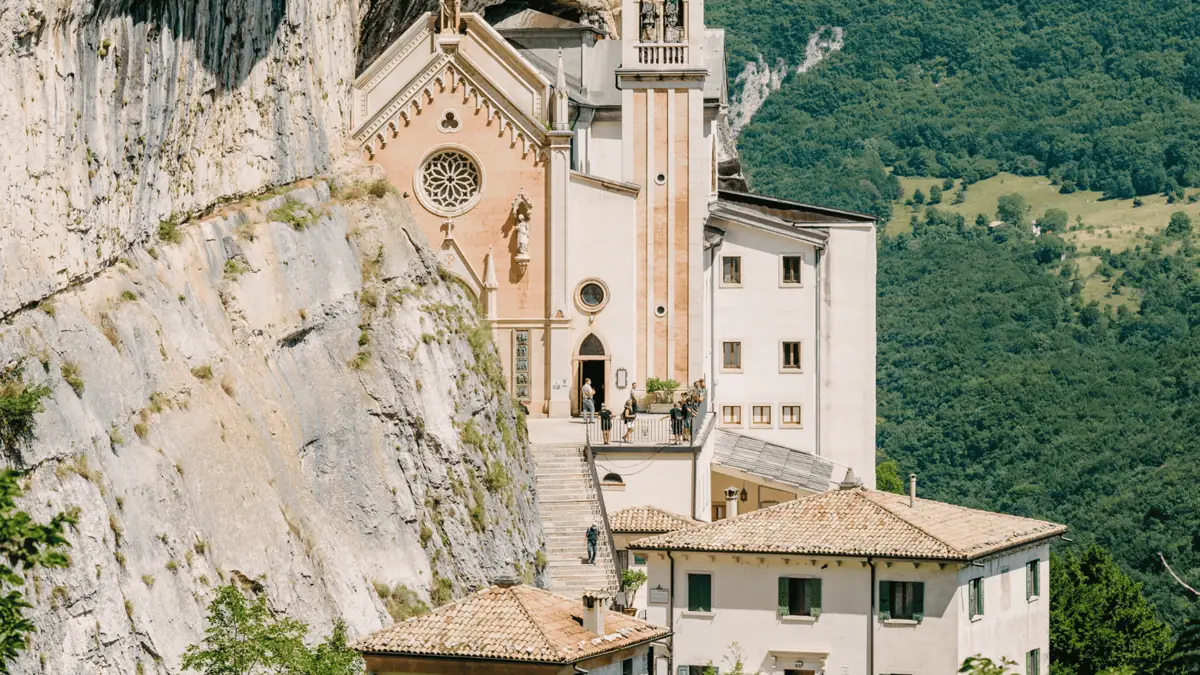 The Madonna della Corona sanctuary built into the cliff of Monte Baldo above Lake Garda