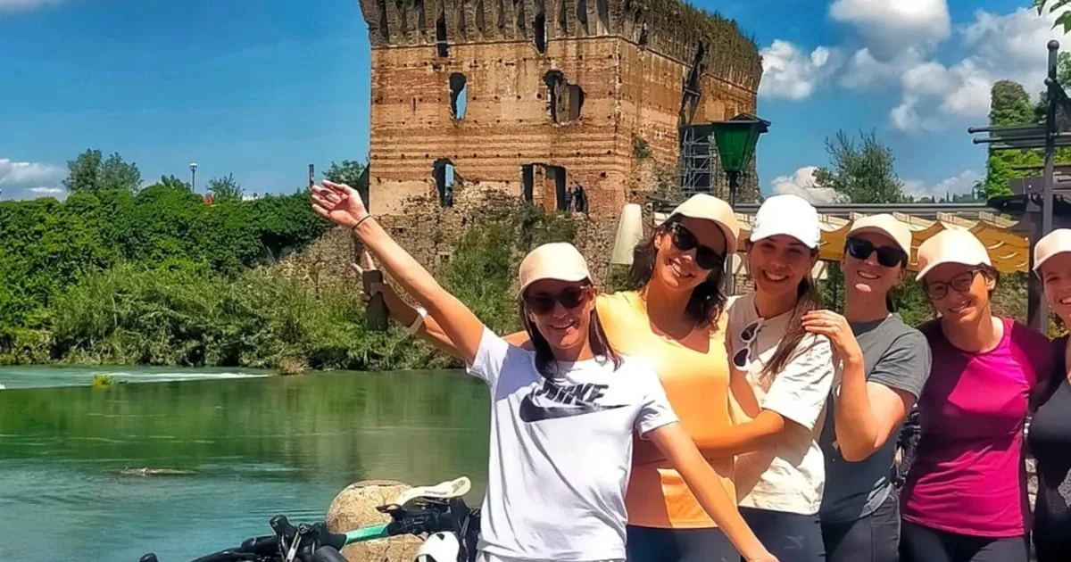 An e-bike group on the Mincio river path near Borghetto sul Mincio, south of Lake Garda