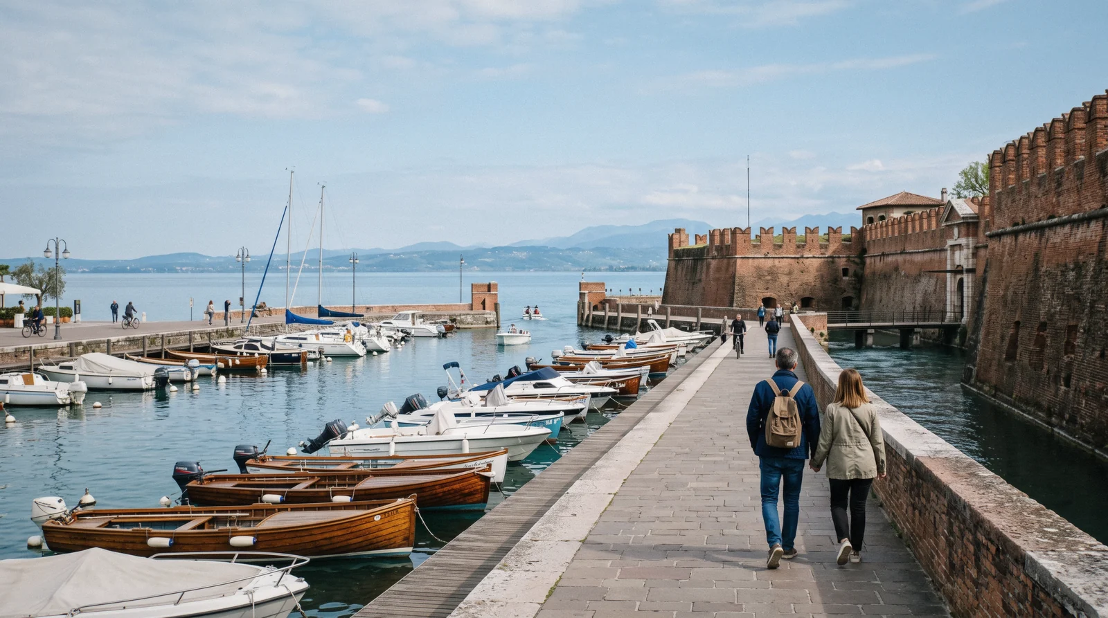 The quay and fortress walls at Peschiera del Garda, the first stop from Verona to Lake Garda, Italy