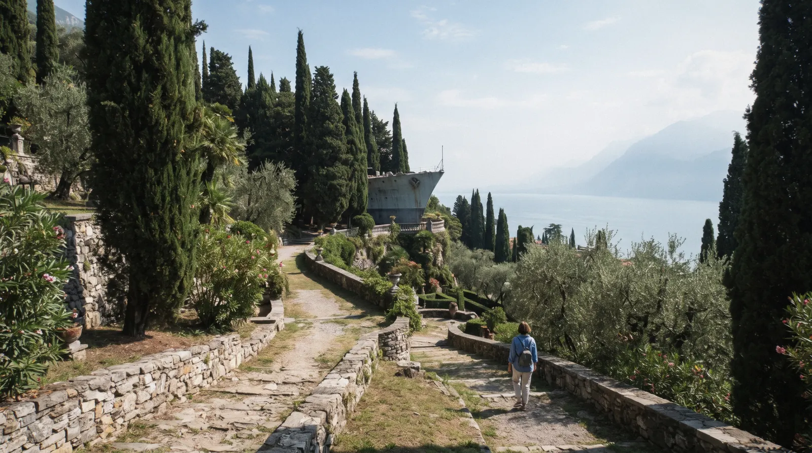The Vittoriale degli Italiani in Gardone Riviera on Lake Garda, Italy, the open-air theatre above the lake