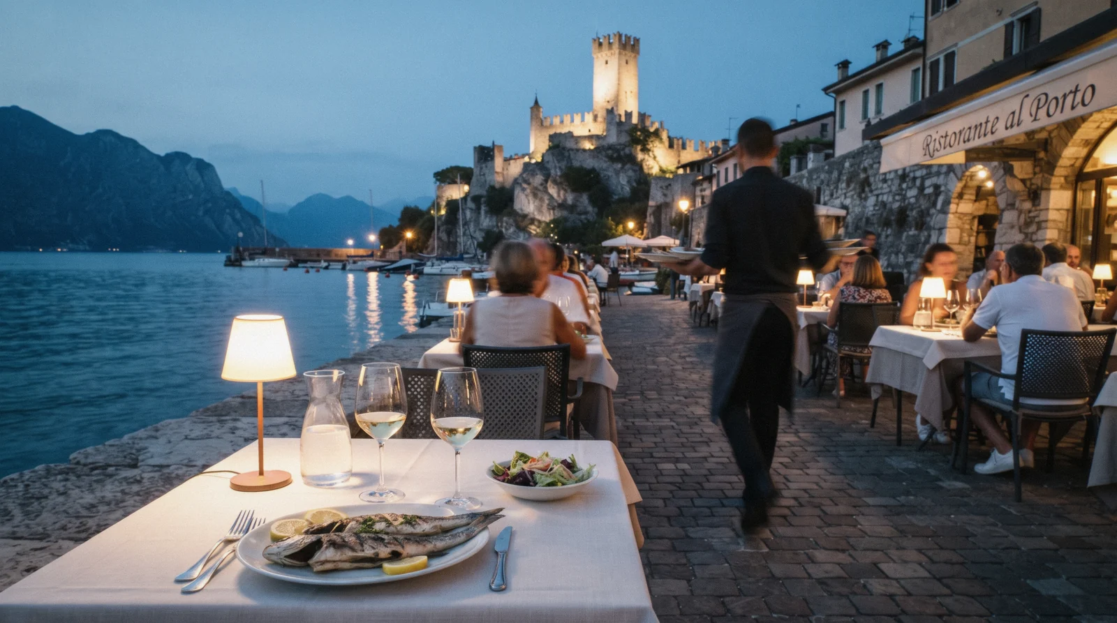 Lakefront restaurant tables at dusk in Malcesine below the castle, Lake Garda restaurants, Italy