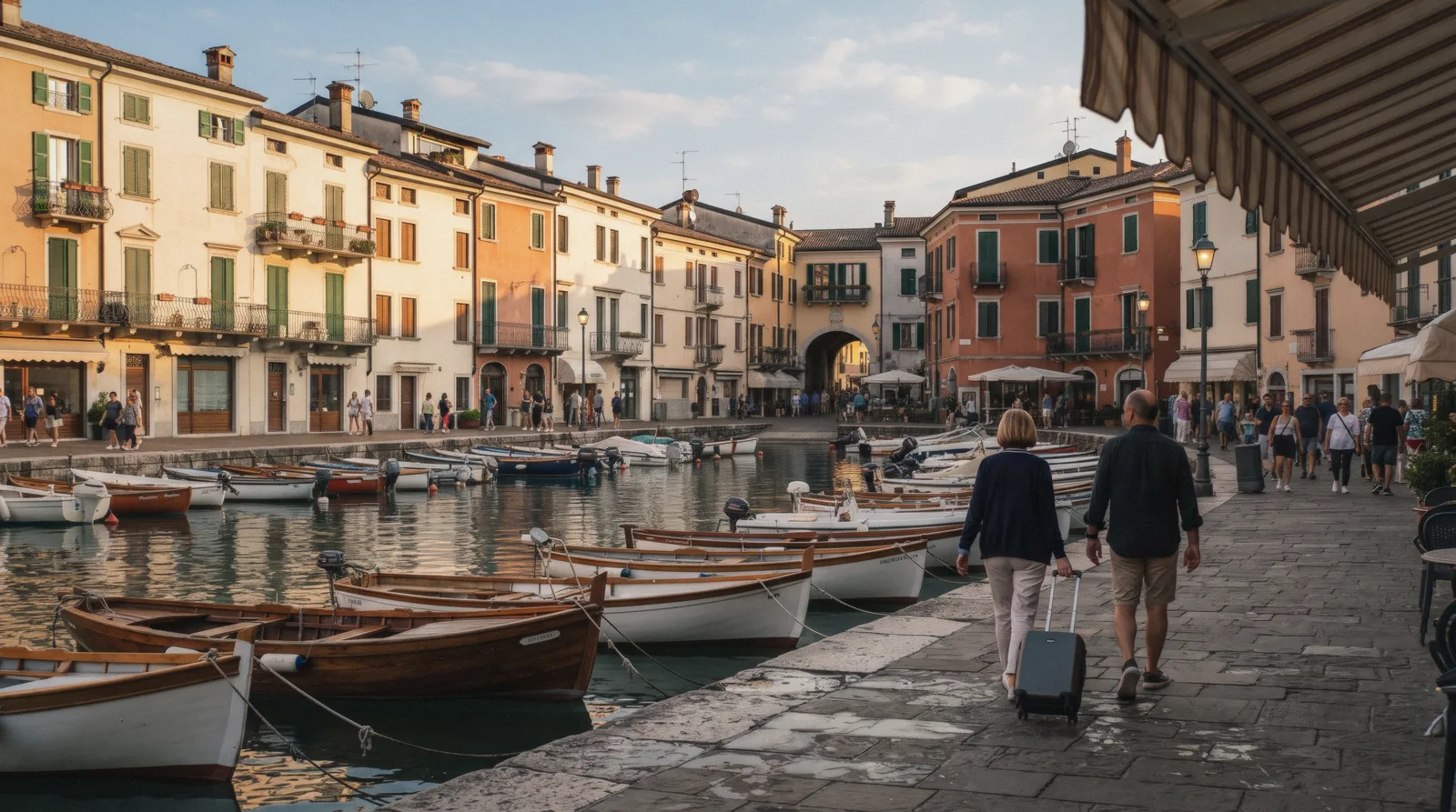 The old harbour of Desenzano del Garda at evening, a base for where to stay at Lake Garda, Italy
