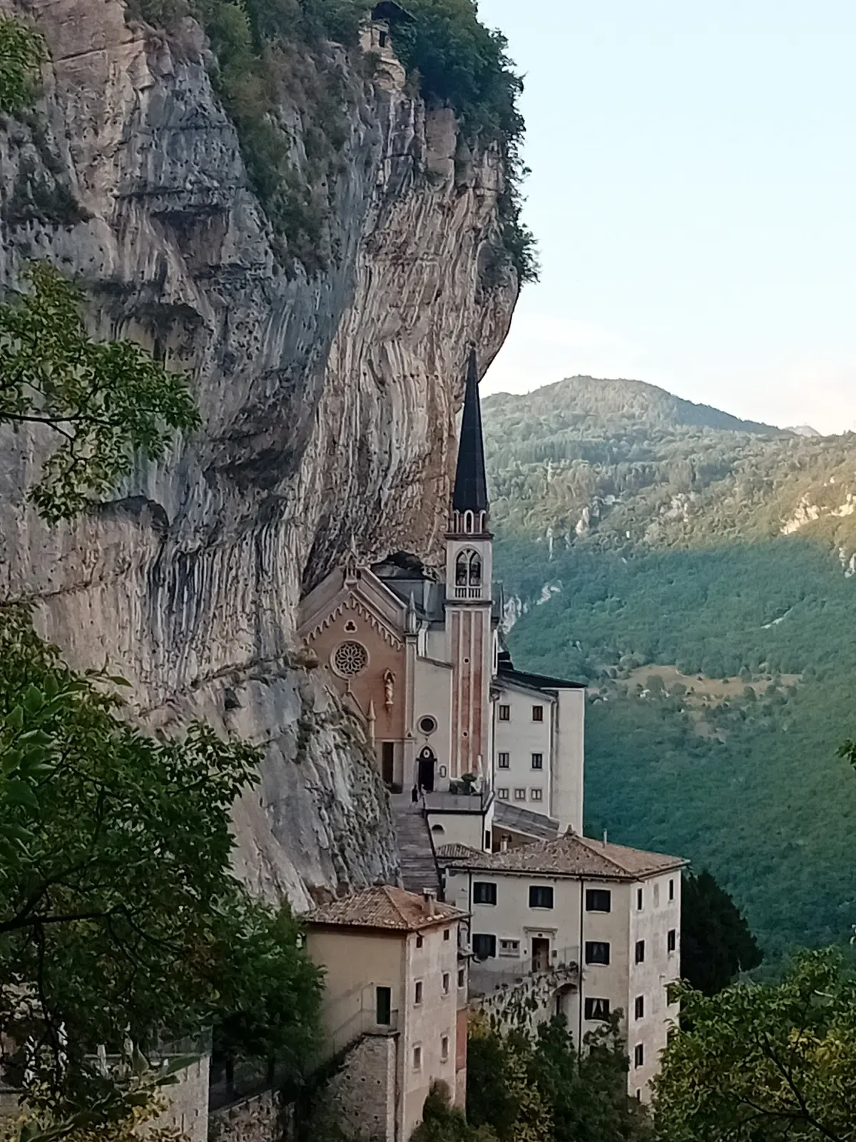 The sanctuary of Madonna della Corona built against the cliff above the Adige valley, a short trip from Lake Garda, Italy