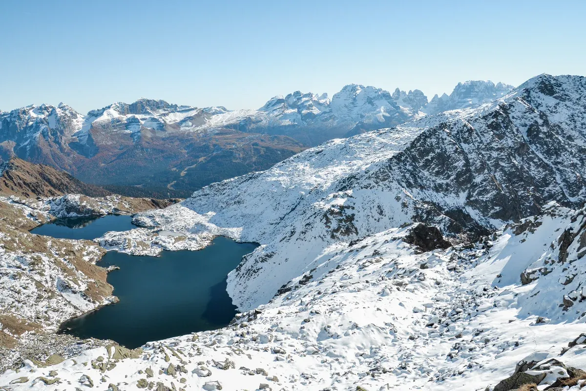 Mountain lakes above Madonna di Campiglio with the Brenta Dolomites behind, Trentino, Italy