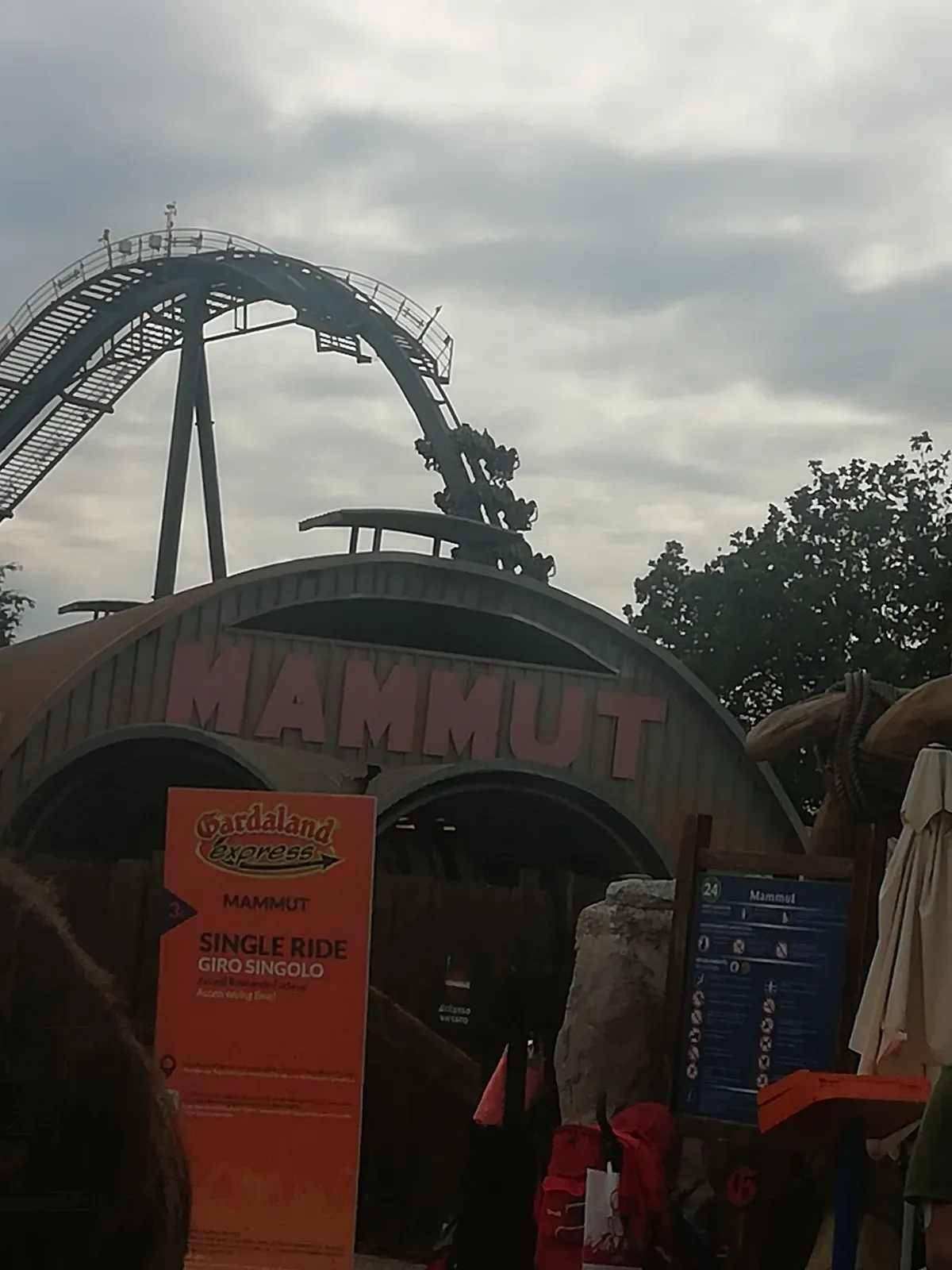 The Mammut ride entrance with the Raptor coaster behind at Gardaland on Lake Garda, Italy