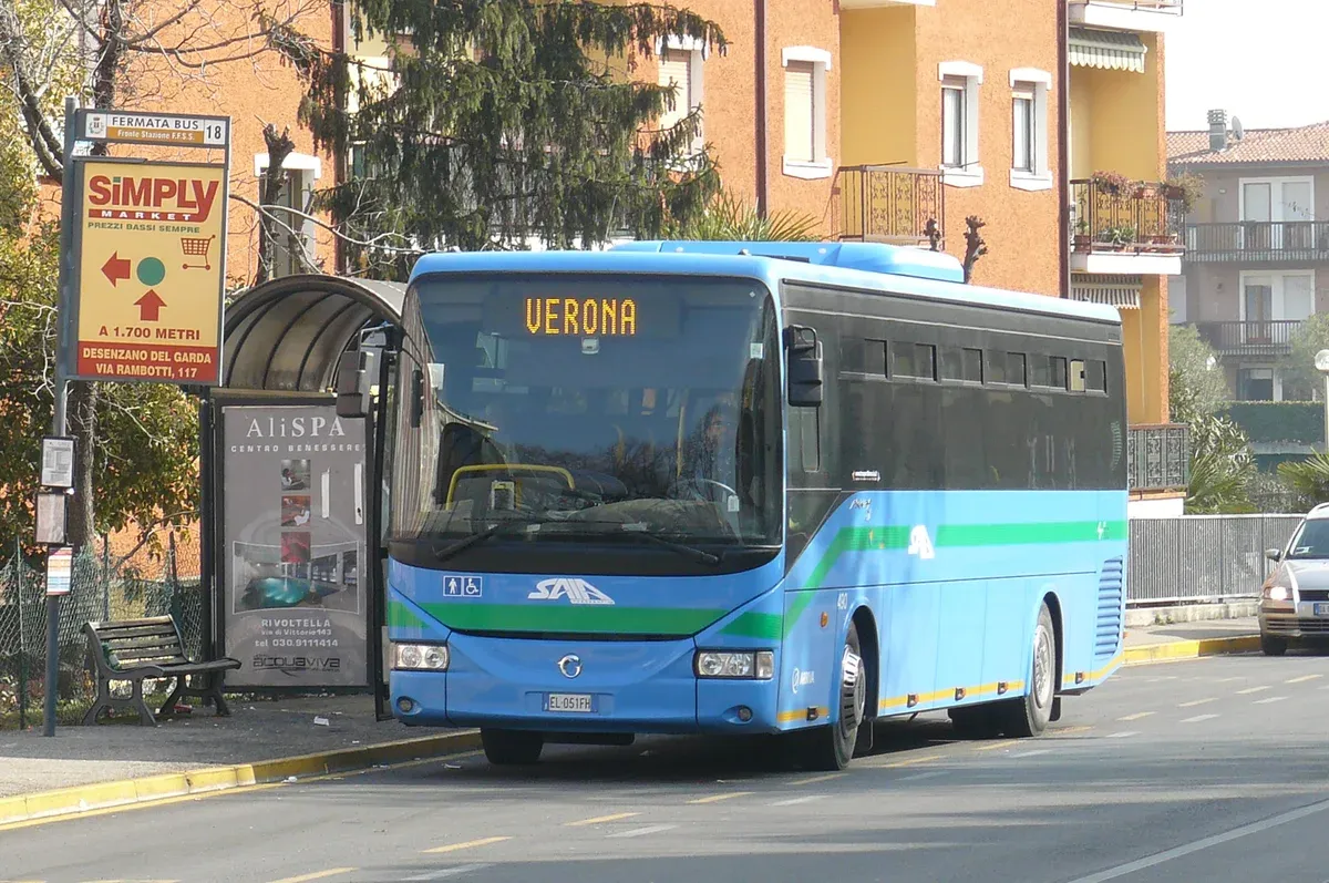 An extra-urban bus to Verona at a stop in Desenzano del Garda on Lake Garda, Italy