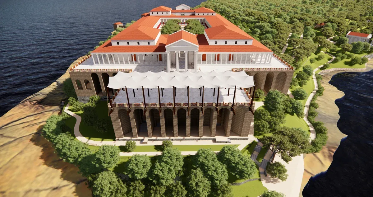 Digital reconstruction of the Roman villa of the Grotte di Catullo seen from the north, Sirmione, Lake Garda, Italy