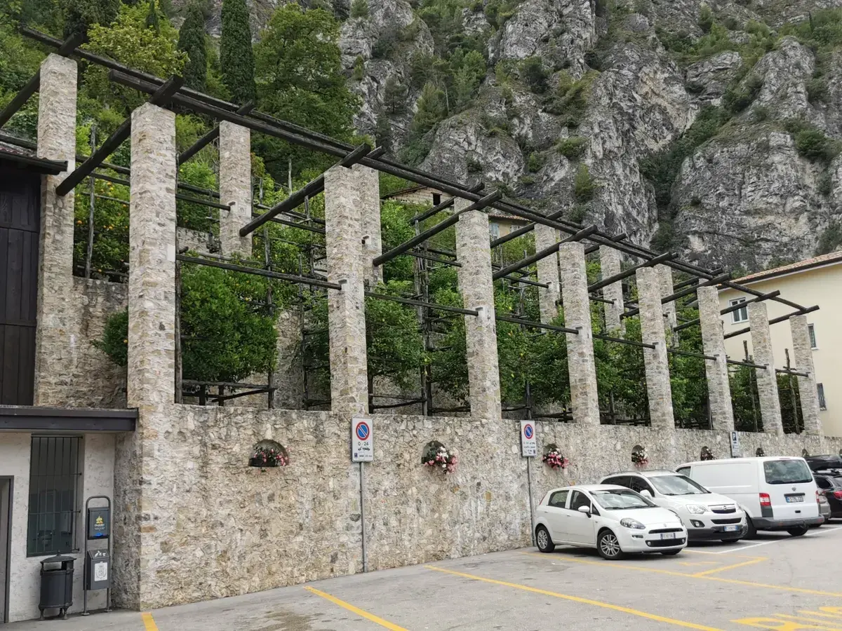 Stone pillars of the lemon orchard of the Comboniani fathers in Limone sul Garda, Lake Garda, Italy